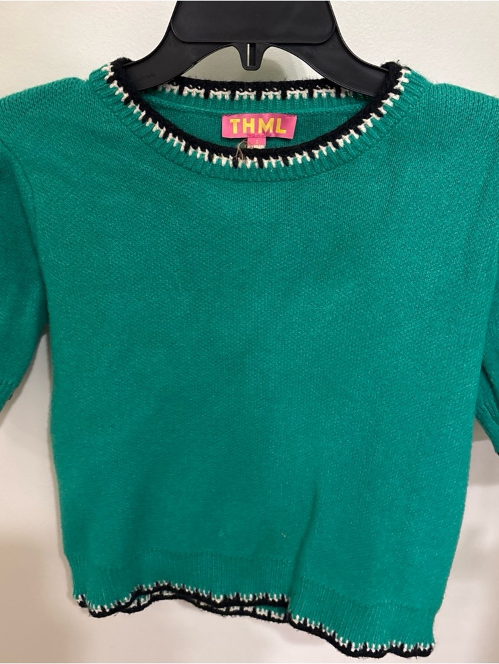 THML Teal-Green Short Sleeve Crew Sweater with Contrast Trim